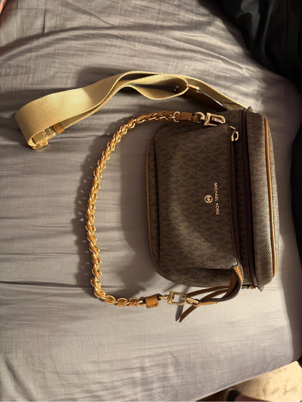 Michael Kors Brown Logo Belt Bag with Gold Chain Detail